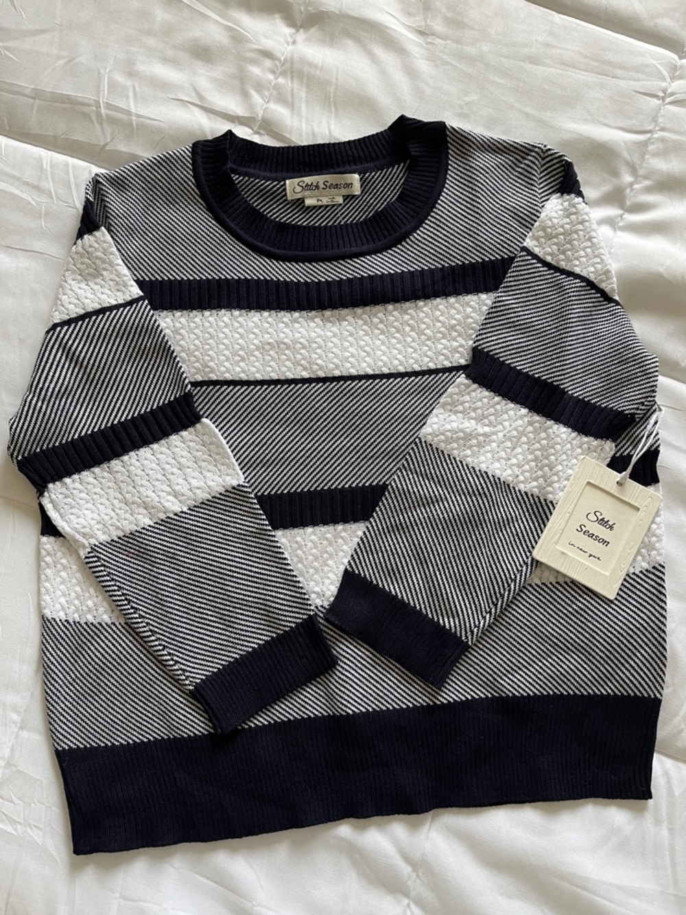 Women's Navy and White Striped Crew Sweater